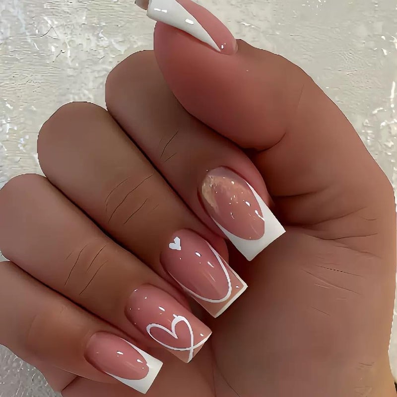 CTTHNBD Square Press on Nails Medium - White French Tip with Heart Stripes Design - Glossy Full Cover Stick on False Nails - for Women 24 Pcs - Image 1